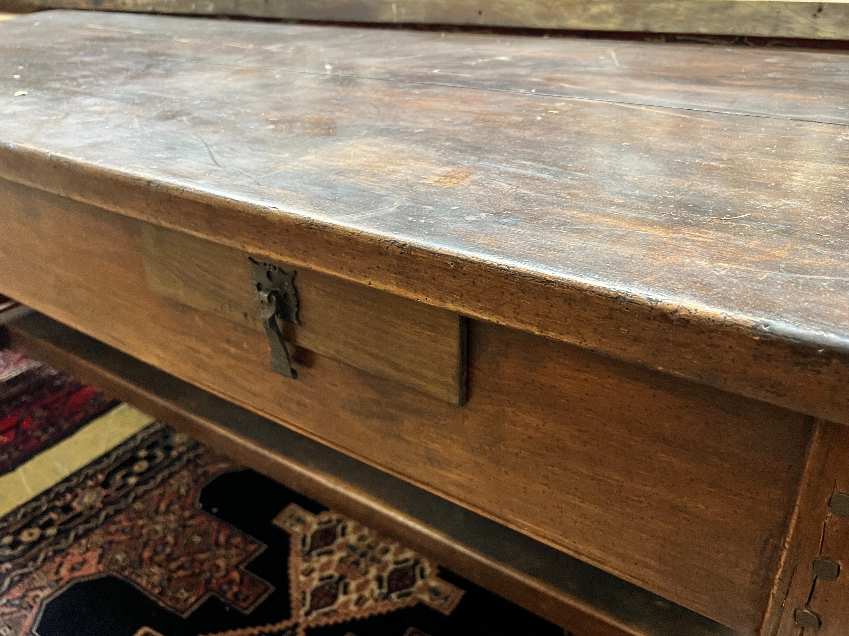 A 19th century French plank top rectangular extending kitchen table, length 190cm, width 72cm, height 78cm